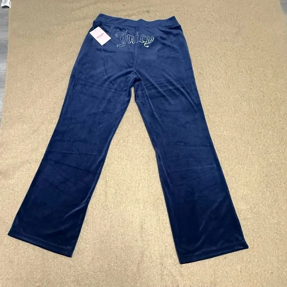 Juicy Couture Velour Track Pants Navy Blue Bling Logo NWT Large - Picture 6 of 15